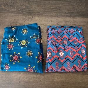 Set of 2 LuLaRoe OS One Size Women’s Leggings Blue Yellow Sun Pink Geometric
